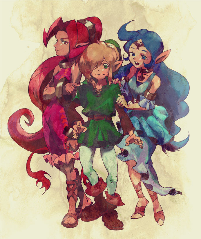 blonde_hair blue_dress blue_eyes bracelet din dress green_tunic hat jewelry jutu link long_hair lots_of_jewelry nayru nintendo pointy_ears red_eyes red_hair sandals the_legend_of_zelda the_legend_of_zelda:_oracle_of_ages the_legend_of_zelda:_oracle_of_seasons tunic