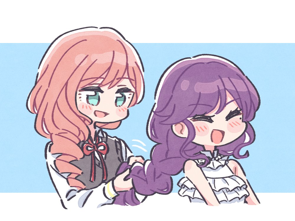 2girls :d ^_^ akamirai aqua_eyes bare_arms bare_shoulders behind_another blue_background blush braid braided_ponytail braiding_hair chibi closed_eyes collared_shirt commentary cropped_torso dress drill_hair frilled_dress frills grey_sweater_vest hair_over_shoulder hairdressing hands_up holding holding_another&#039;s_hair liu_mei_fan long_hair long_sleeves looking_at_another low_poly mole mole_under_eye motion_lines multiple_girls neck_ribbon official_alternate_costume official_alternate_hairstyle open_mouth pink_hair purple_hair red_ribbon ribbon school_uniform shirt shoujo_kageki_revue_starlight shoujo_kageki_revue_starlight_-re_live- sidelocks single_braid sleeveless sleeveless_dress smile sweater_vest tsuruhime_yachiyo two-tone_background upper_body white_background white_dress white_shirt