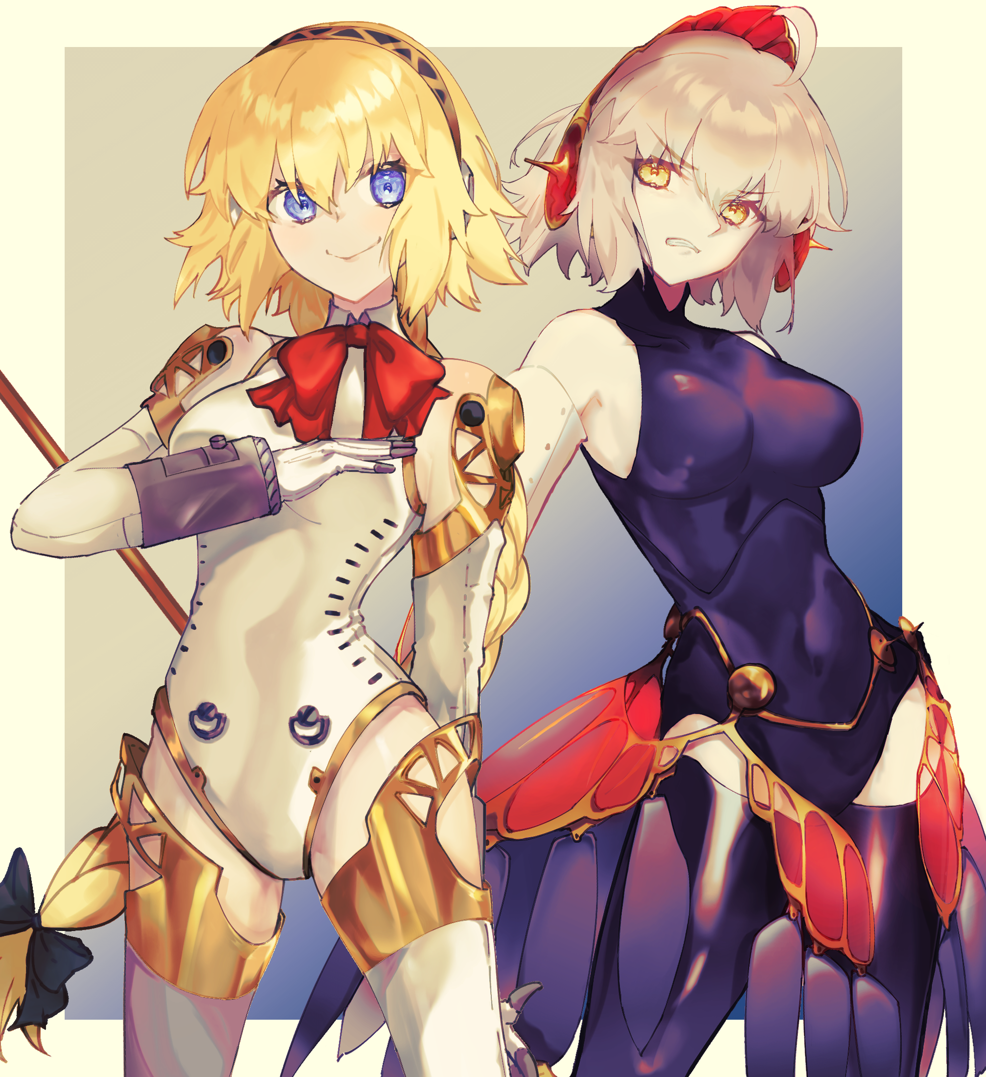 2girls ahoge aigis_(persona) aigis_(persona)_(cosplay) angry bare_shoulders black_leotard blue_eyes bodysuit border breasts clenched_teeth closed_mouth commentary cosplay dual_persona fate/grand_order fate_(series) grey_hair headphones highres jeanne_d'arc_(fate) jeanne_d'arc_alter_(fate) leotard long_hair look-alike looking_at_viewer low-braided_long_hair low-tied_long_hair medium_breasts metis_(persona) metis_(persona)_(cosplay) minako_larima multiple_girls neck_ribbon parted_lips persona persona_3 persona_3_the_answer red_ribbon ribbon short_hair smile teeth white_border white_leotard yellow_eyes