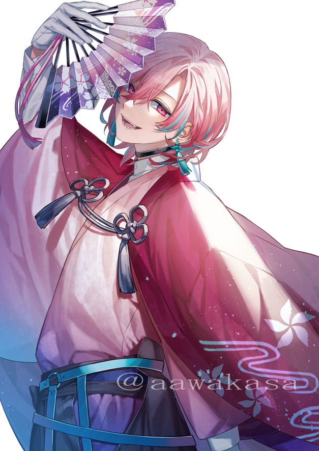1boy :d arm_up blue_hair earrings fangs floral_print flower_knot folding_fan from_side gloves hair_between_eyes hand_fan holding holding_fan japanese_clothes jewelry kimono long_sleeves looking_at_viewer looking_to_the_side male_focus multicolored_hair open_mouth original pink_hair pink_kimono purple_eyes ryuuki_(hydrangea) simple_background smile solo streaked_hair twitter_username white_background white_gloves wide_sleeves