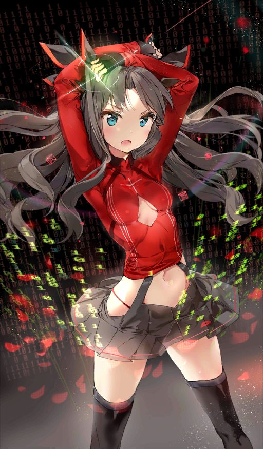 10s 1girl anmi arms_up black_gloves black_ribbon black_skirt black_thighhighs blouse blue_eyes breasts brown_hair cleavage cleavage_cutout clothing_cutout craft_essence_(fate) fate/extra fate/grand_order fate/stay_night fate_(series) female_focus fingerless_gloves gloves hair_ribbon hakama hakama_short_skirt hakama_skirt japanese_clothes long_hair miniskirt navel open_mouth panties red_panties red_shirt ribbon shirt skirt small_breasts solo strap thighhighs thong tohsaka_rin tohsaka_rin_(code_cast) tohsaka_rin_(fate/extra) underwear white_shirt wind wind_lift zettai_ryouiki