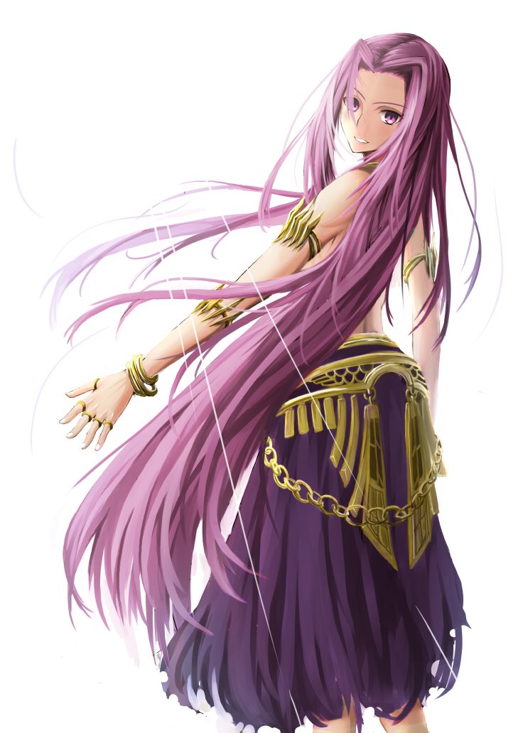 1girl alternate_costume cosplay darius_iii_(fate) darius_iii_(fate)_(cosplay) fate/grand_order fate_(series) forehead inaroinaroi long_hair looking_at_viewer medusa_(fate) medusa_(rider)_(fate) nail_polish purple_eyes purple_hair smile solo very_long_hair white_background white_nails