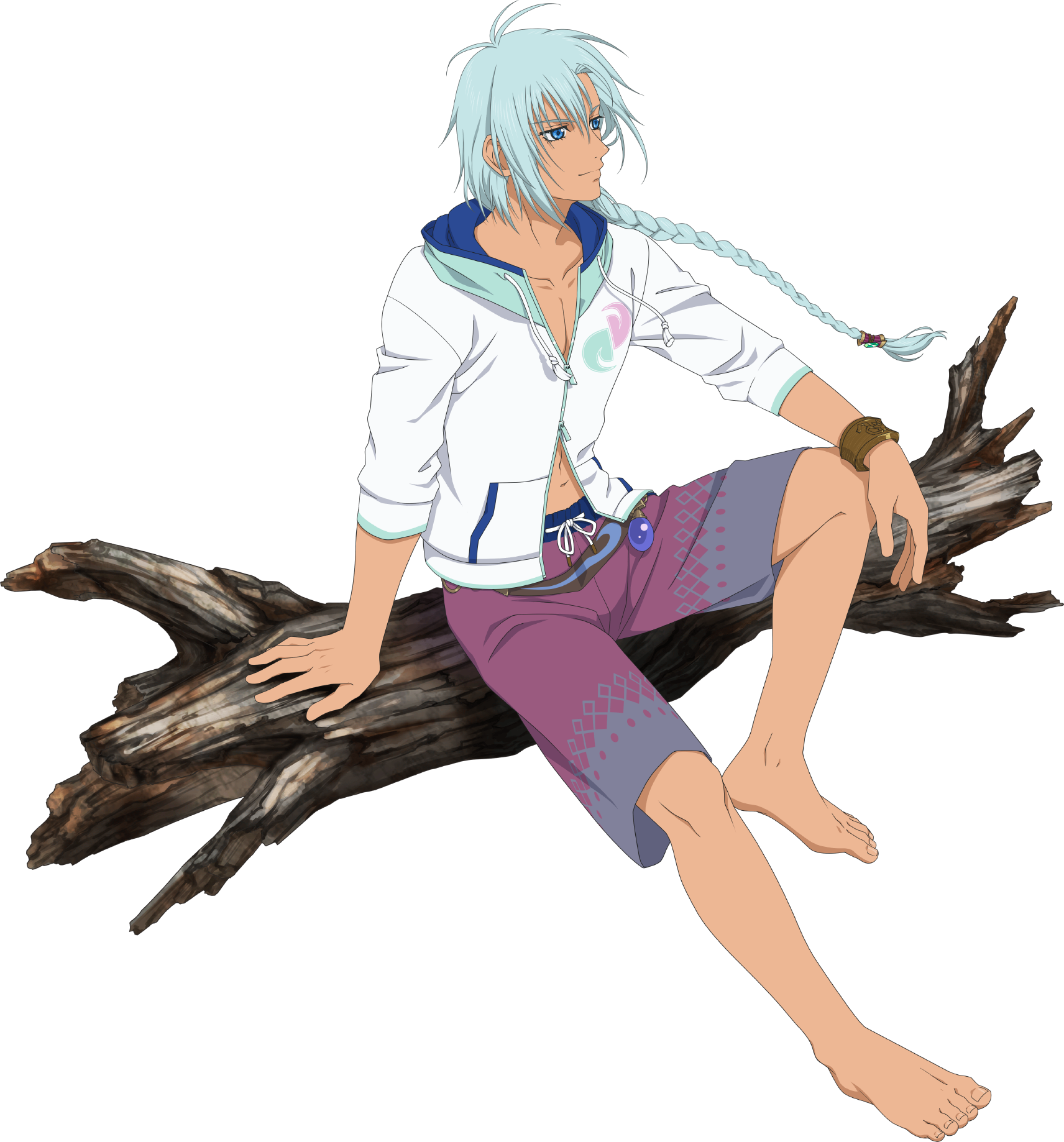 1boy aqua_hair artist_request barefoot blue_eyes braid commentary drawstring english_commentary feet hair_between_eyes highres hood hoodie legs log long_hair male_focus male_swimwear official_art purple_male_swimwear purple_swim_trunks shirt simple_background sitting solo swim_trunks swimsuit tales_of_(series) tales_of_asteria tales_of_rebirth toenails toes transparent_background veigue_lungberg white_background white_hoodie