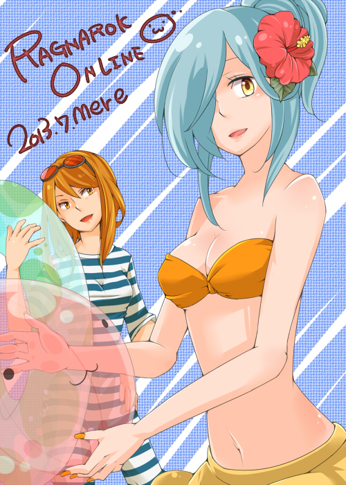 2girls :3 bikini blue_background blue_hair breasts brown_eyes brown_hair cleavage commentary_request cowboy_shot flower goggles goggles_on_head hair_bun hair_flower hair_ornament hair_over_one_eye hibiscus looking_at_viewer medium_breasts medium_hair mere_(enya) multiple_girls navel old-fashioned_swimsuit one-piece_swimsuit open_mouth orange_bikini poring ragnarok_online red_flower short_hair short_sleeves single_hair_bun slime_(creature) smile striped_clothes striped_one-piece_swimsuit swimsuit yellow_eyes