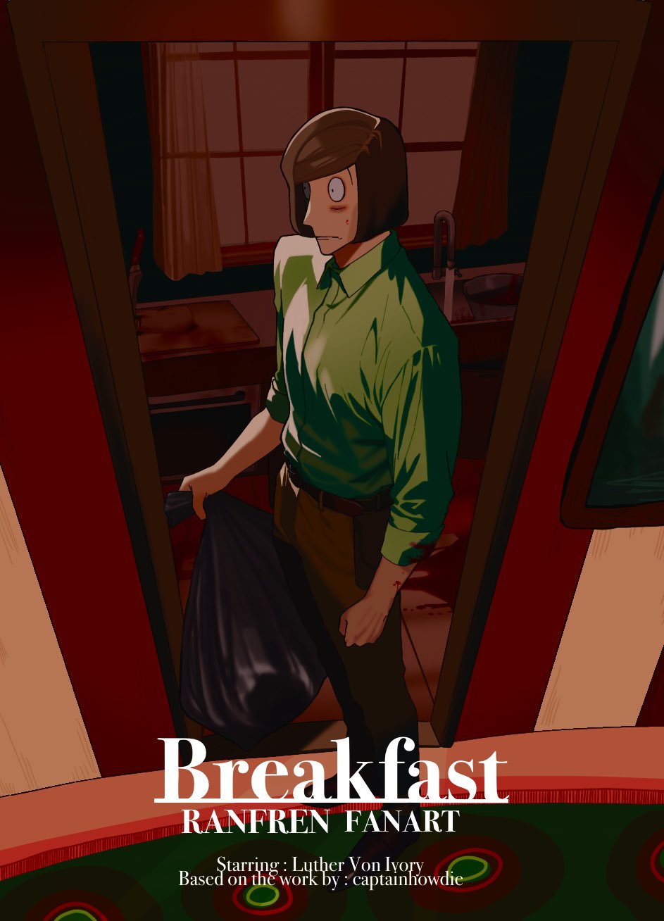 1boy ba_kuretuman blood blood_on_arm blood_on_clothes blood_on_face blood_on_ground brown_hair doorway english_text extra_eyes green_shirt highres implied_cannibalism kitchen looking_to_the_side luther_von_ivory male_focus randal&#039;s_friends shirt short_hair solo standing trash_bag window