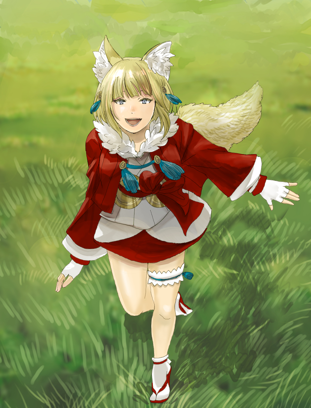 1girl animal_ears bavaa blonde_hair fingerless_gloves fire_emblem fire_emblem_fates fox_ears fox_girl fox_tail fur-trimmed_jacket fur_trim gloves highres jacket japanese_clothes kitsune long_sleeves multicolored_hair nintendo open_mouth selkie_(fire_emblem) smile solo streaked_hair tail thigh_strap two-tone_hair yellow_eyes