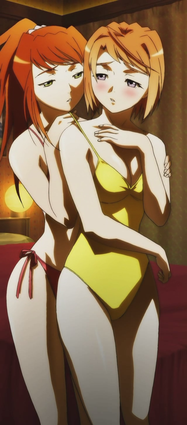 00s 2girls anime_screenshot bare_shoulders bed bikini blue_eyes blush breasts brown_hair cleavage female_focus green_eyes highres large_breasts long_hair multiple_girls my-hime official_art ponytail red_hair short_hair subtext sugiura_midori swimsuit tokiha_mai yuri