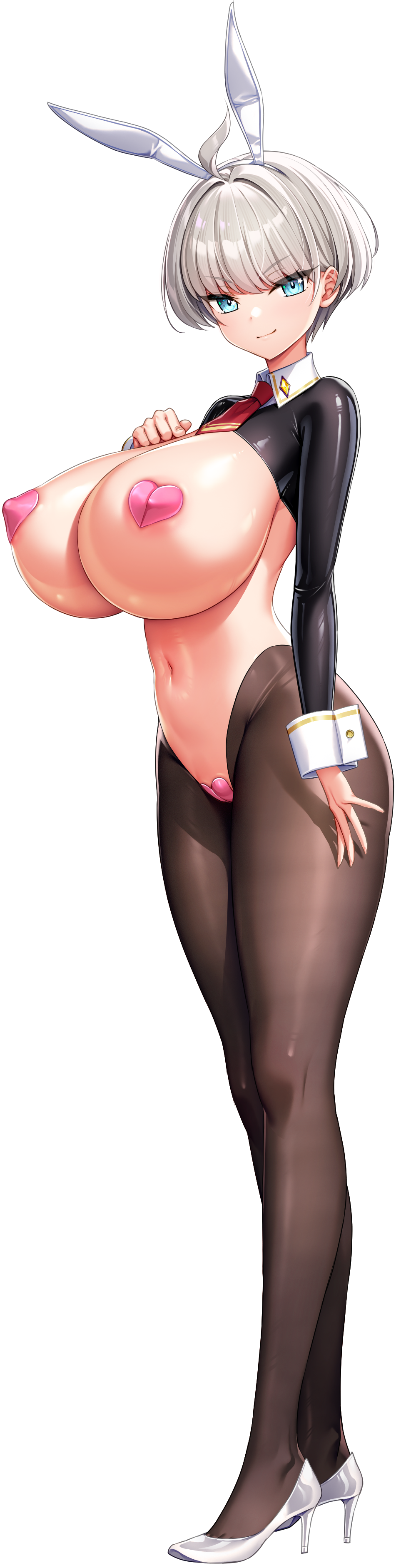 1girl absurdres ahoge animal_ears areola_slip arm_at_side black_pantyhose black_shrug blue_eyes breasts cleavage closed_mouth collared_shrug crotchless crotchless_pantyhose derauea fake_animal_ears frontless_outfit game_cg grey_hair hair_intakes hand_on_own_chest headband heart_maebari heart_pasties high_heels highres huge_breasts latex latex_shrug light_blush looking_at_viewer maebari meme_attire miinya_prenavas8102 motto!_haramase!_honoo_no_oppai_isekai_oppai_bunny_gakuen! navel non-web_source official_art pantyhose pasties pink_pasties rabbit_ears revealing_clothes reverse_bunnysuit reverse_outfit shoes short_hair shrug_(clothing) smile smirk solo tachi-e transparent_background white_headband white_shoes white_wrist_cuffs wrist_cuffs