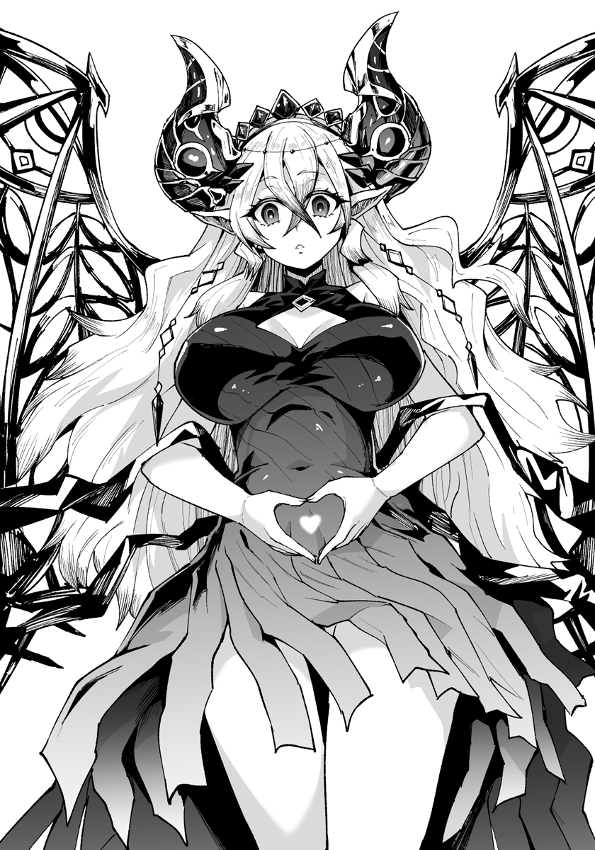 1girl alternate_costume bare_shoulders blazing_cartesia_the_virtuous breasts cleavage cleavage_cutout clothing_cutout cowboy_shot crossed_bangs dress duel_monster ecclesia_(yu-gi-oh!) edobox hair_between_eyes heart heart_hands highres horns large_breasts pointy_ears sleeveless sleeveless_dress solo torn_clothes torn_dress wings yu-gi-oh!