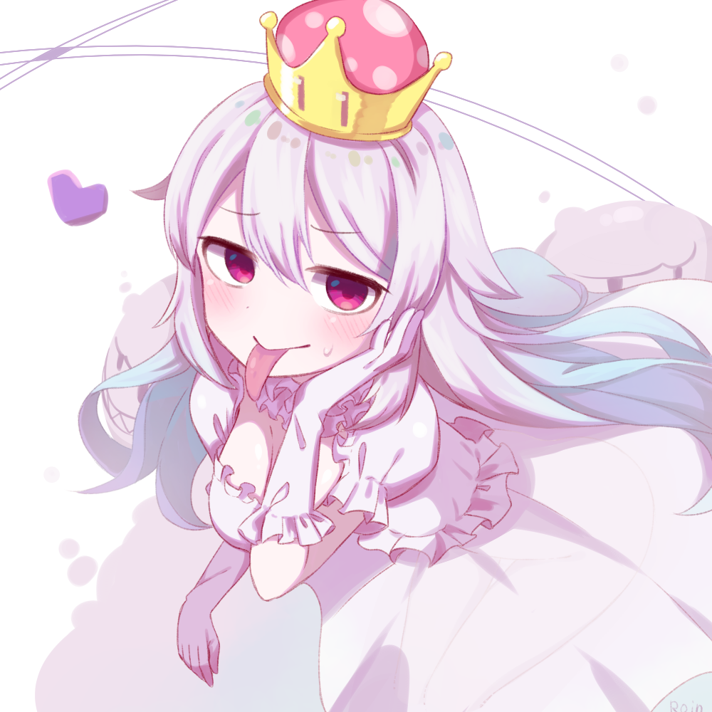 1girl asymmetrical_gloves blue_hair blush breasts cleavage cleavage_cutout closed_mouth clothing_cutout commentary_request crown dress frilled_dress frills gloves grey_hair hair_between_eyes hand_up heart large_breasts long_hair long_tongue looking_at_viewer luigi&#039;s_mansion mario_(series) mini_crown mismatched_gloves new_super_mario_bros._u_deluxe nintendo princess_king_boo puffy_short_sleeves puffy_sleeves purple_eyes purple_gloves roin short_sleeves solo super_crown sweat tongue very_long_hair white_background white_dress white_gloves