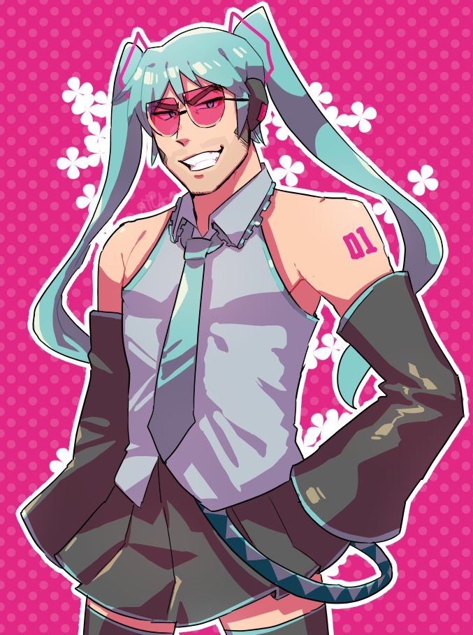 1boy beard_stubble cosplay cowboy_shot crossdressing crossdressing_(mtf) detached_sleeves facial_hair grin hatsune_miku hatsune_miku_(cosplay) long_hair looking_at_viewer male_focus pink_background pleated_skirt shirt skinny skirt sleeveless sleeveless_shirt smile sniper_(tf2) solo stubble sunglasses team_fortress_2 thighhighs twintails vocaloid warosi zettai_ryouiki