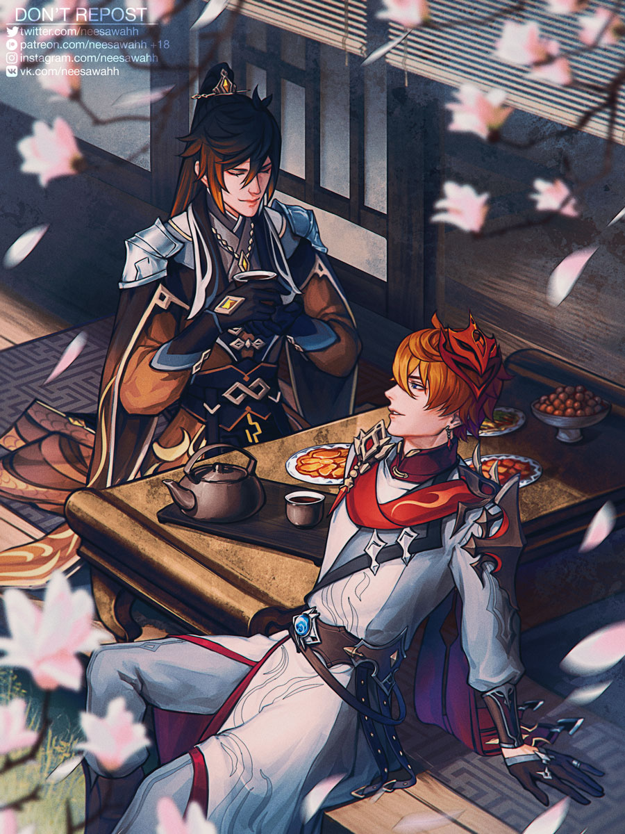 2boys ahoge arm_support armor artist_name black_gloves blue_eyes blurry blurry_foreground brown_cape brown_hair brown_hanfu cape cherry_blossoms chinese_clothes closed_eyes closed_mouth clothing_request cup earrings falling_petals floating_earring flower food food_request genshin_impact gloves grass grey_pants hair_between_eyes hands_up hanfu high_ponytail highres holding holding_cup instagram_logo instagram_username jewelry long_hair long_sleeves looking_at_another male_focus mandarin_collar mask mask_on_head multiple_boys necklace neesawahh orange_hair pants parted_lips patreon_logo patreon_username pauldrons petals pink_flower plate ponytail red_cape red_mask red_shirt rug shirt short_hair shoulder_armor sitting sliding_doors smile table tartaglia_(genshin_impact) tea teacup teapot twitter_logo twitter_username veranda vision_(genshin_impact) vkontakte_logo vkontakte_username watermark web_address wooden_floor xiao_guan_(headdress) zhongli_(genshin_impact)