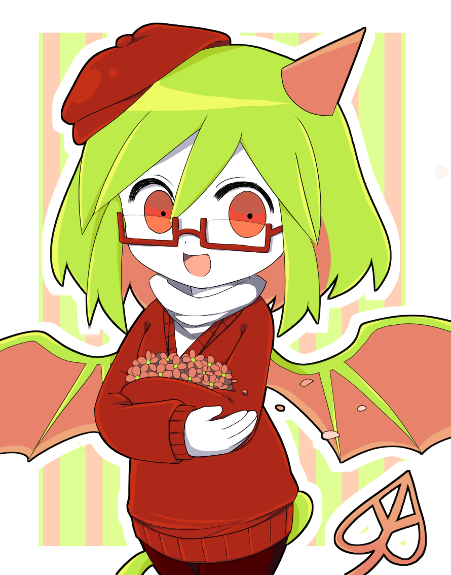 1girl beret border colored_skin commentary demon_girl demon_horns demon_tail demon_wings flower funamusea funamusea_(style) green_background green_hair haiiro_teien hair_between_eyes hat horns looking_at_viewer official_style open_mouth orange_background orange_eyes outline red-framed_eyewear red_flower red_hat red_sweater semi-rimless_eyewear sennin_(omega-zeus) shirt sidelocks single_horn smile solo striped_background sweater tail turtleneck white_border white_outline white_shirt white_skin wings yosafire_(funamusea)