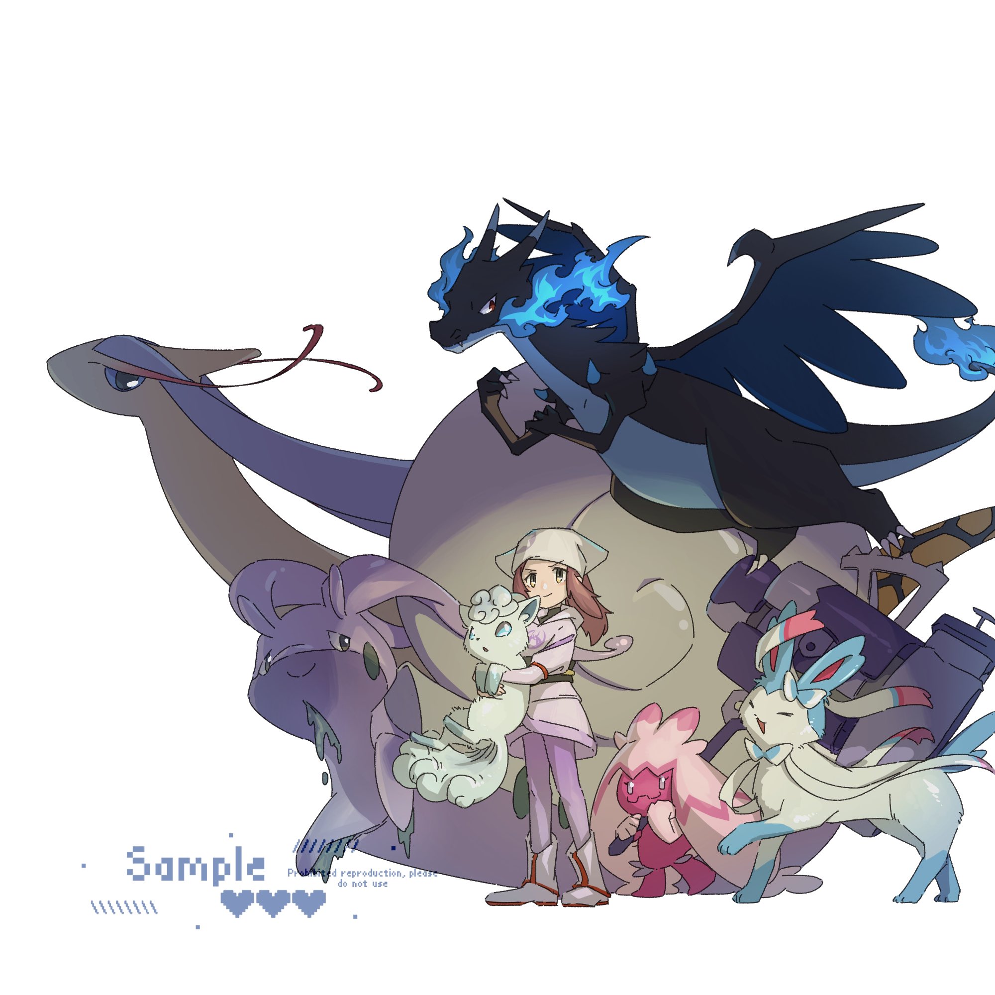2girls :o alolan_form alolan_vulpix alternate_color black_eyes blue_eyes blue_fire blue_fur blue_sclera bow brown_hair charizard claws closed_eyes colored_sclera colored_skin commission creatures_(company) dragon dress fangs fire full_body game_freak gen_1_pokemon gen_3_pokemon gen_6_pokemon gen_7_pokemon hammer headscarf highres hisuian_goodra holding holding_hammer holding_pokemon leggings looking_at_viewer mega_charizard_x mega_pokemon milotic multiple_girls nintendo pink_hair pink_skin pokemon pokemon_(creature) pokemon_legends:_arceus ponytail purple_dress purple_eyes purple_leggings ribbon robinlovesop shell shiny_pokemon shoes simple_background skin_fangs slime_(substance) standing sylveon tinkaton white_background white_fur white_headscarf white_shoes yellow_eyes