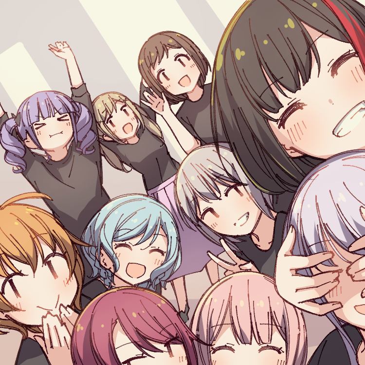 &gt;_&lt; 6+girls :&gt; :d :i \o/ ^_^ aiba_aina aoba_moca aqua_hair arms_up ayasaka bang_dream! black_hair black_shirt blonde_hair bob_cut braid brown_hair clapping closed_eyes commentary covering_another&#039;s_eyes grey_hair grin group_picture hair_ornament hazawa_tsugumi hikasa_youko hikawa_hina ichigaya_arisa itou_ayasa kanemoto_hisako katou_emiri kitazawa_hagumi long_hair looking_at_viewer minato_yukina misawa_sachika mitake_ran multicolored_hair multiple_girls open_mouth orange_hair outstretched_arms ozawa_ari photo-referenced pink_hair purple_hair purple_skirt red_hair sakura_ayane sakuragawa_megu shirt short_hair side_braids skirt smile streaked_hair twintails udagawa_ako udagawa_tomoe uehara_himari v voice_actor_connection waving x_hair_ornament yoshida_yuuri