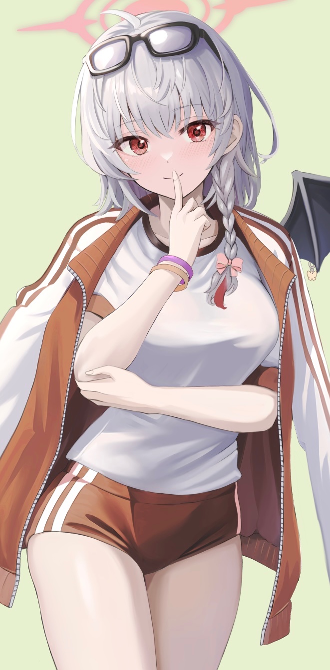 1girl ahoge black-framed_eyewear blue_archive bow bracelet braid breasts brown_bracelet buruma collarbone commentary cowboy_shot eyewear_on_head finger_to_mouth glasses green_background grey_hair gym_shirt gym_uniform hair_between_eyes hair_bow halo hand_on_own_arm hand_up haruna_(blue_archive) haruna_(track)_(blue_archive) highres jacket jacket_on_shoulders jewelry large_breasts light_blush long_hair looking_at_viewer official_alternate_costume open_clothes open_jacket pink_bow pink_halo red_buruma red_eyes red_jacket ryouta_(ryouta335) shirt short_hair side_braid simple_background single_braid smile solo thighs track_jacket white_shirt