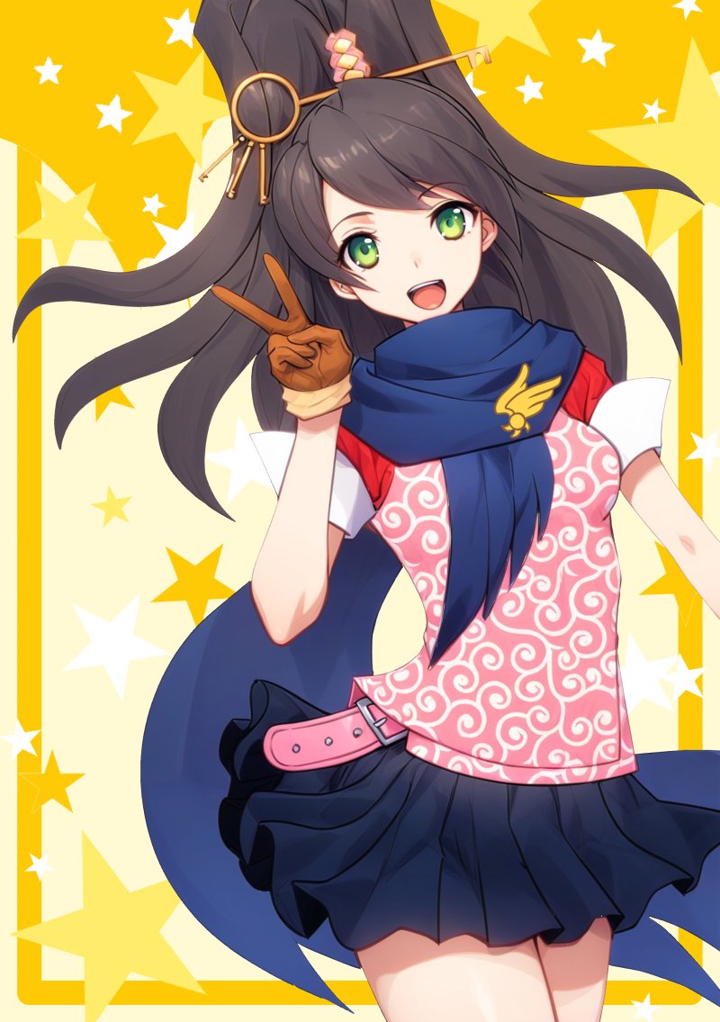 1girl :d ace_attorney ace_attorney_investigations black_hair blue_scarf brown_gloves commentary_request gloves green_eyes high_ponytail karakusa_(pattern) kay_faraday key_hair_ornament long_hair looking_at_viewer open_mouth pleated_skirt ponytail scarf short_sleeves skirt smile solo star_(symbol) sylphy_fe teeth upper_teeth_only v