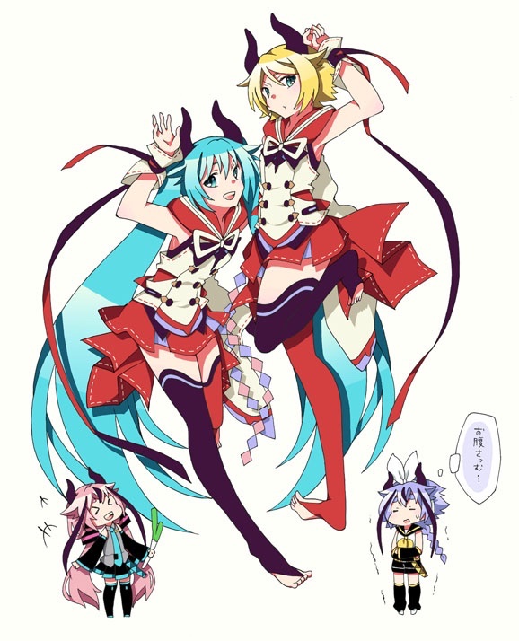 &gt;_&lt; +++ 2girls 2others aqua_eyes aqua_hair aqua_necktie arm_up asaiasa0 asymmetrical_legwear bare_arms bare_shoulders black_collar black_legwear black_shorts black_skirt black_sleeves blonde_hair blue_eyes bow braid chibi closed_eyes collar collared_shirt cosplay costume_switch covering_stomach detached_sleeves food full_body grey_shirt hair_bow hair_ornament hakama hakama_skirt hatsune_miku hatsune_miku_(cosplay) holding holding_food holding_spring_onion holding_vegetable horns japanese_clothes kagamine_rin kagamine_rin_(cosplay) leg_warmers long_hair looking_at_viewer meika_hime meika_hime_(cosplay) meika_mikoto meika_mikoto_(cosplay) miniskirt mismatched_legwear multiple_girls multiple_others neckerchief necktie open_mouth pink_hair pleated_skirt purple_hair red_collar red_legwear red_skirt ribbon sailor_collar shide shirt short_hair shorts skirt sleeveless sleeveless_shirt speech_bubble spring_onion thighhighs thought_bubble translated trembling twintails vegetable very_long_hair vocaloid white_background white_bow white_shirt wrist_cuffs yellow_neckerchief zettai_ryouiki