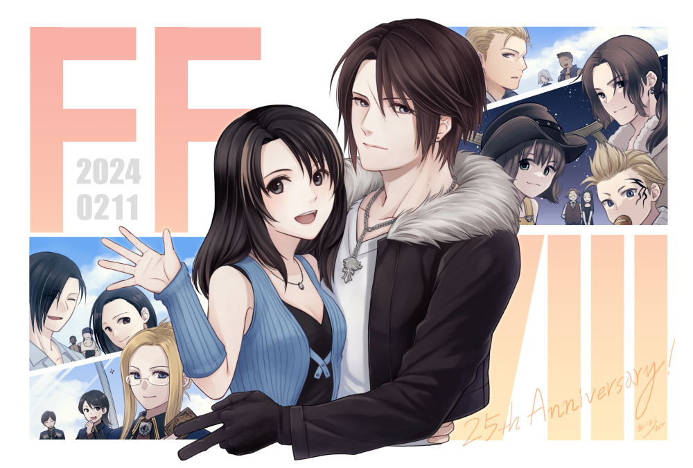 5girls anniversary black_jacket blonde_hair blue_arm_warmers blue_eyes brown_hair chain chain_necklace cid_kramer commentary_request cropped_jacket edea_kramer english_text final_fantasy final_fantasy_viii fur-trimmed_jacket fur_trim fuujin_(ff8) gloves hiryuu_(kana_h) hug irvine_kinneas jacket jewelry kiros_seagill laguna_loire long_hair multiple_boys multiple_girls necklace open_mouth quistis_trepe raijin_(ff8) rinoa_heartilly scar scar_on_face scar_on_forehead seifer_almasy selphie_tilmitt shirt short_hair signature smile squall_leonhart v v-neck ward_zabac waving white_shirt zell_dincht