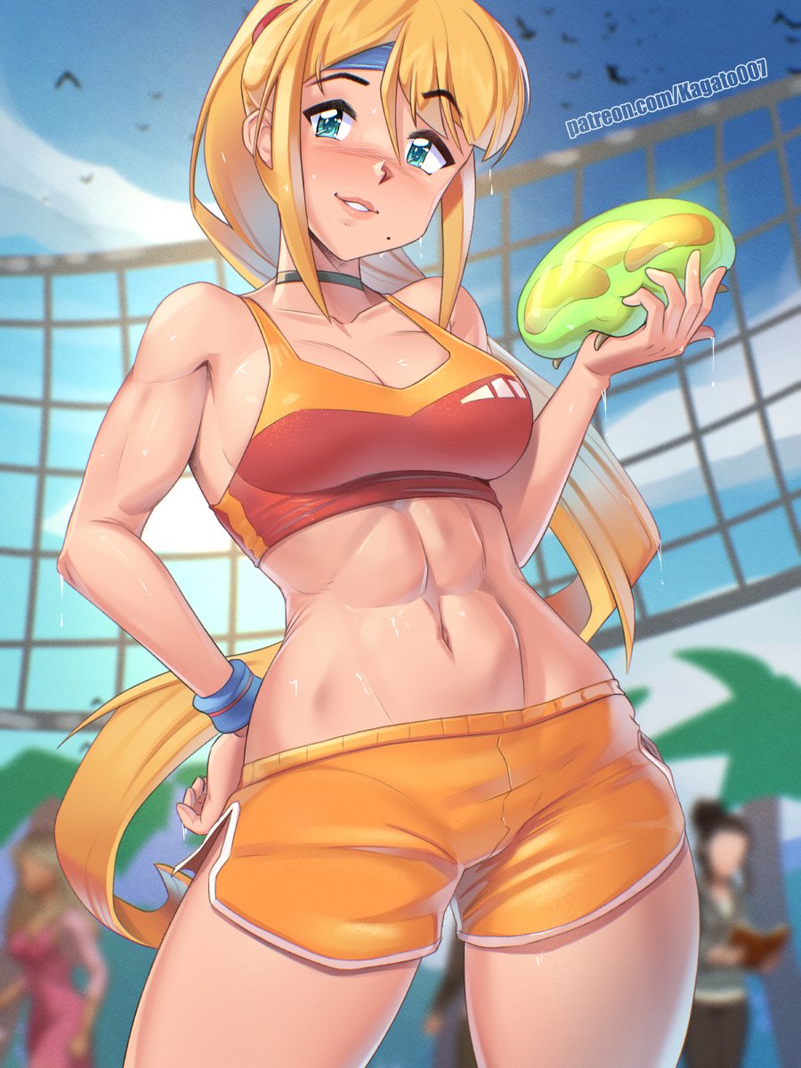 1girl abs adapted_costume artist_name bare_shoulders black_choker blonde_hair blue_eyes blue_headband blue_sky blurry blurry_background breasts choker cleavage commentary contrapposto cowboy_shot creature day dolphin_shorts english_commentary hand_on_own_hip headband highres holding holding_creature kagato007 long_hair looking_at_viewer medium_breasts metroid metroid:_zero_mission metroid_(creature) mole mole_under_mouth nintendo orange_shorts orange_sports_bra outdoors parted_lips patreon_username ponytail samus_aran shorts sky smile solo_focus sports_bra standing teeth toned toned_female volleyball_net wristband