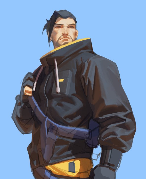 1boy arm_up beard black_hair black_jacket blue_background bridge_piercing casual_hanzo closed_mouth collared_jacket commentary cowboy_shot drawstring ear_piercing earrings english_commentary et.m facial_hair hanzo_(overwatch) jacket jewelry long_sleeves looking_to_the_side male_focus overwatch overwatch_1 piercing ponytail popped_collar short_ponytail simple_background solo