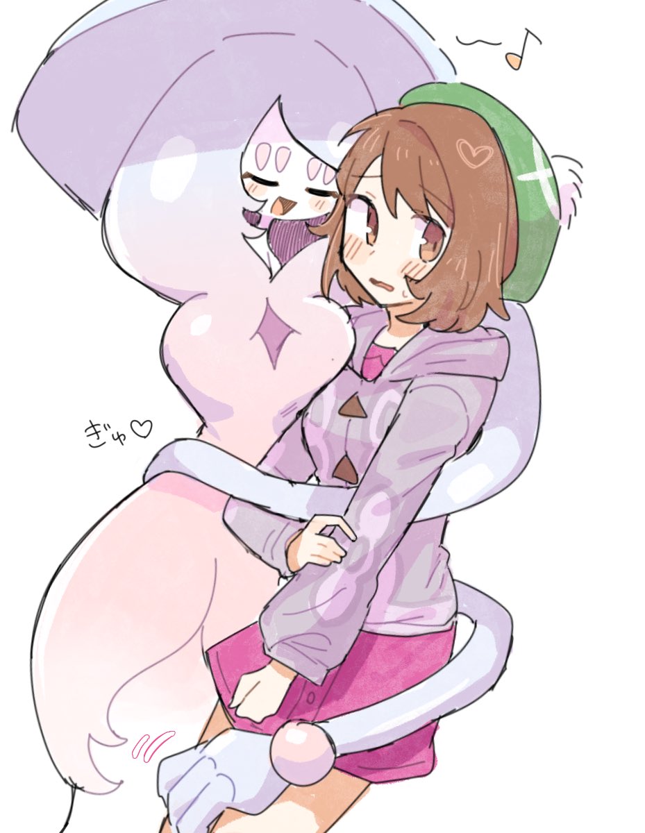 1girl blush bob_cut brown_eyes brown_hair cardigan closed_eyes dress gen_8_pokemon gloria_(pokemon) green_hat grey_cardigan han0579 hat hatterene highres holding hood hooded_cardigan hug long_sleeves looking_at_viewer nintendo open_mouth pink_dress pokemon pokemon_(creature) pokemon_swsh short_hair smile tam_o&#039;_shanter