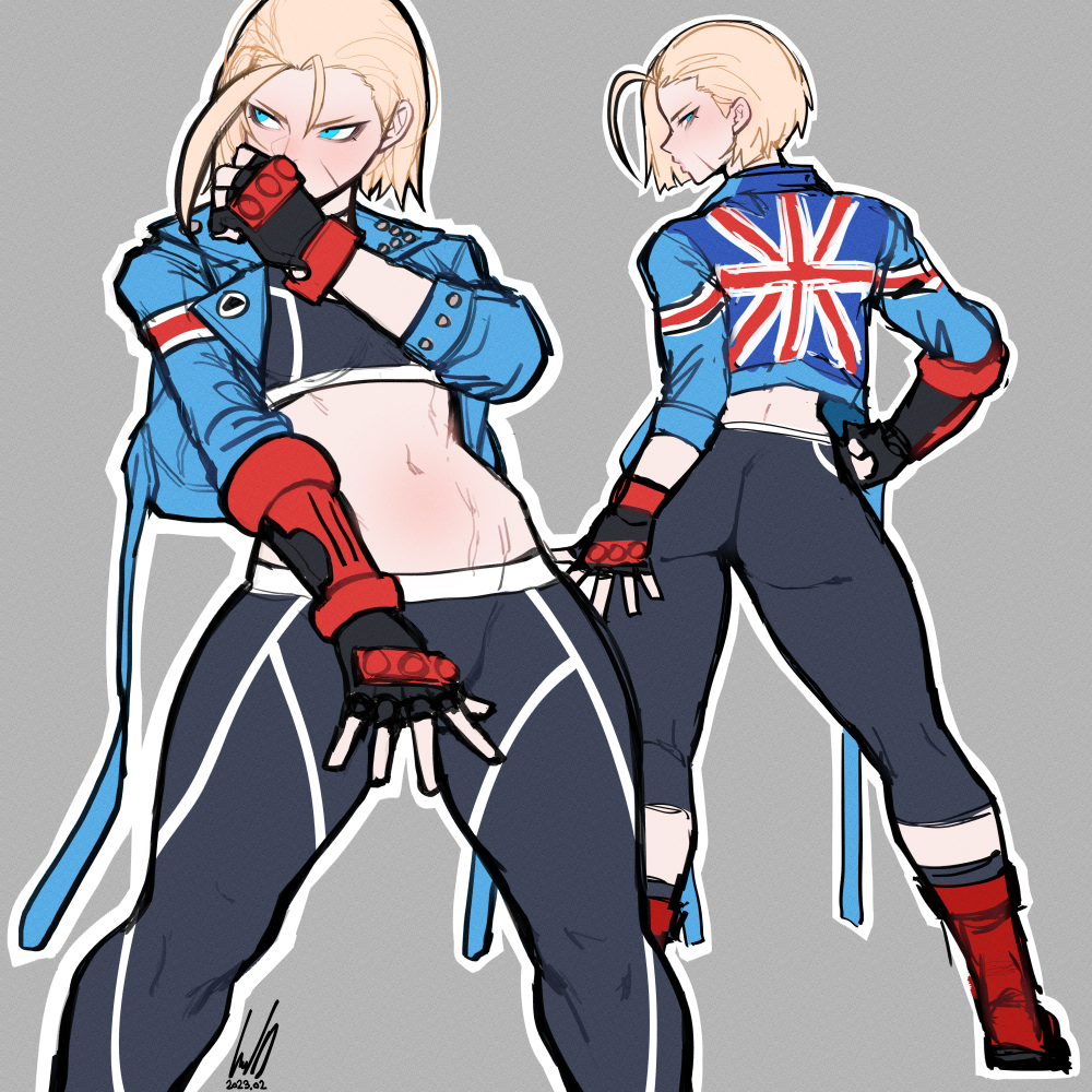 1girl ass blonde_hair blue_eyes breasts cammy_white commentary crop_top dated english_commentary fingerless_gloves ginseng_(xin) gloves grey_background jacket navel official_alternate_hair_length official_alternate_hairstyle outline pants scar short_hair signature simple_background skin_tight solo street_fighter street_fighter_6 thick_thighs thighs tight_clothes tight_pants union_jack white_outline