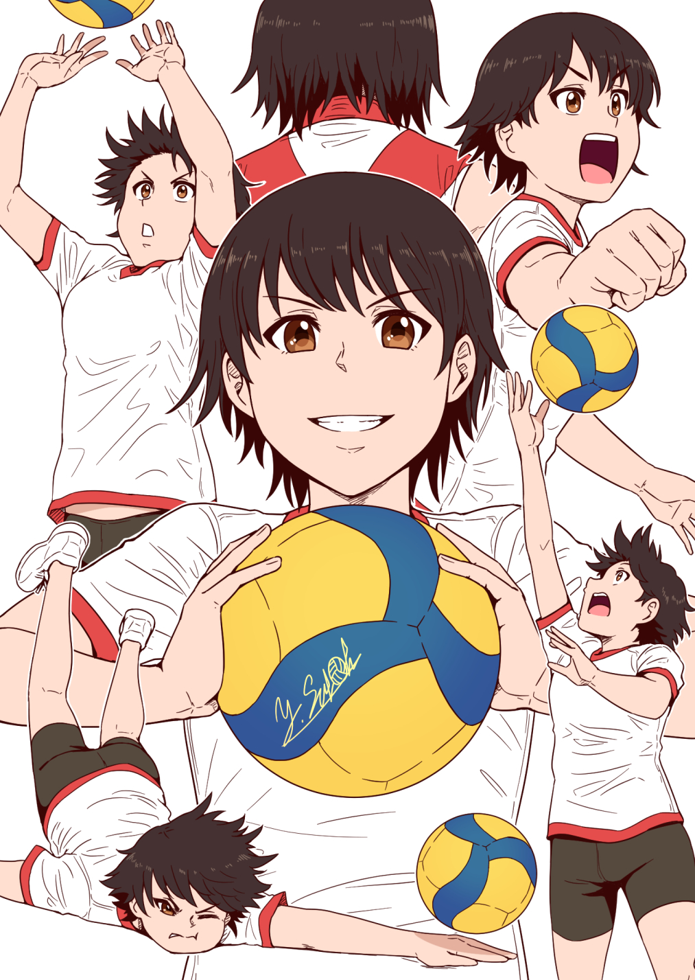 1girl arm_up artist_name ball bike_shorts black_shorts brown_eyes brown_hair clenched_hand commentary dive girls_und_panzer grimace grin gym_shirt gym_uniform highres holding holding_ball isobe_noriko looking_up midriff_peek multiple_views no_socks one_eye_closed open_mouth red_shirt satou_yasu shirt shoes short_hair short_shorts short_sleeves shorts signature simple_background smile sneakers sportswear standing t-shirt volleyball volleyball_(object) volleyball_uniform white_background white_footwear white_shirt