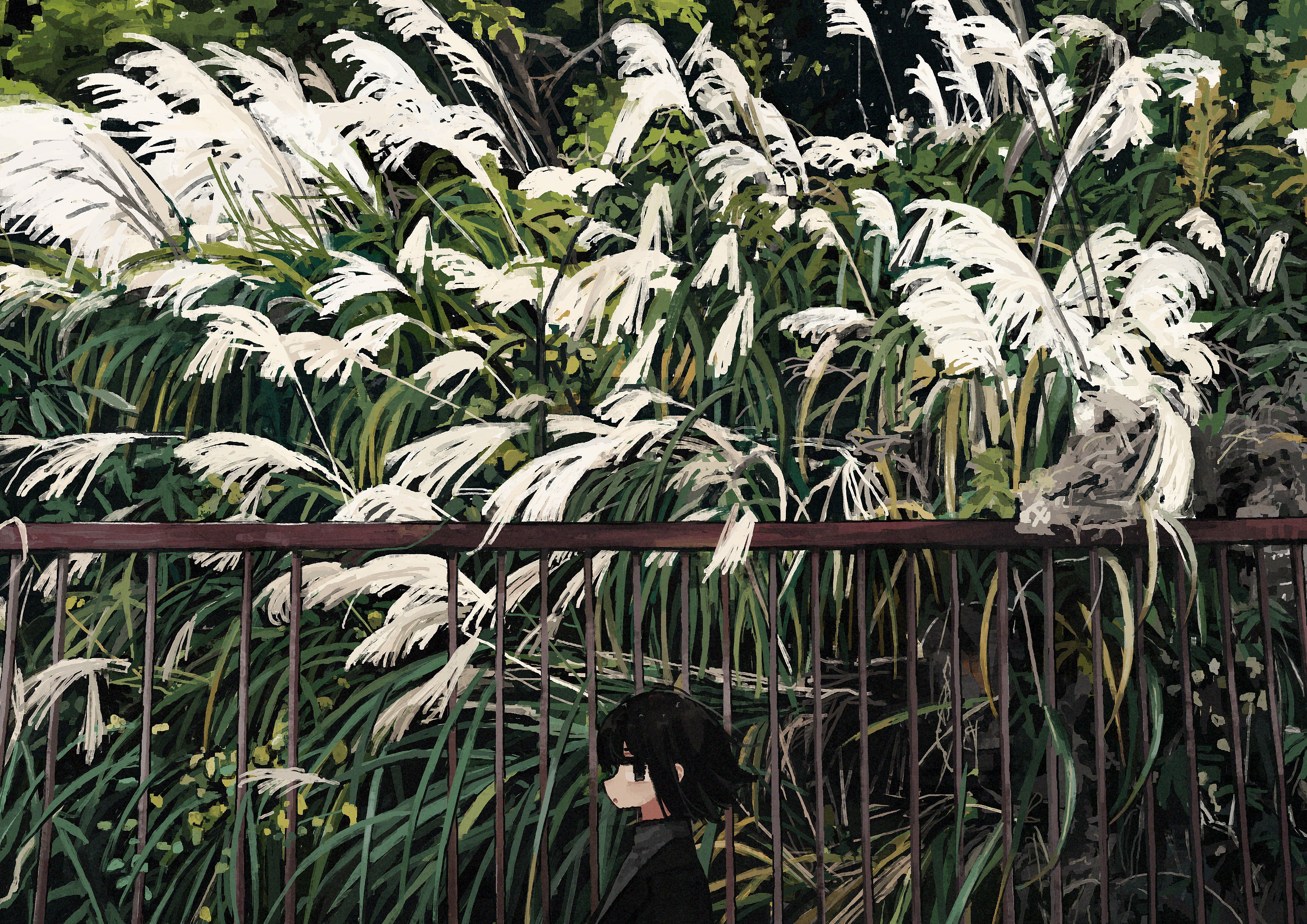 1girl absurdres black_eyes black_hair black_jacket day fence floating_hair from_side grey_shirt highres jacket long_bangs looking_at_viewer nature original outdoors plant profile scenery shirt short_hair sideways_glance solo susuki_grass tree turtleneck turtleneck_shirt uniunimikan upper_body