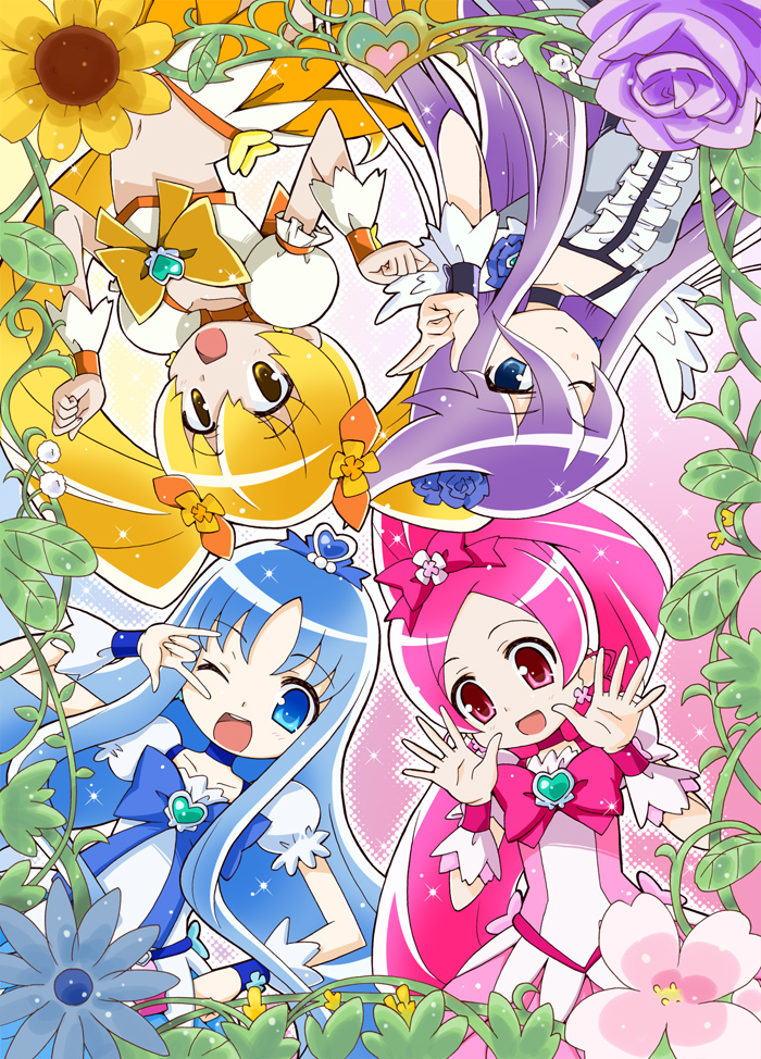 10s 4girls :d :p black_neckwear blonde_hair blue_eyes blue_hair bow brooch cherry_blossoms choker circle_formation cure_blossom cure_marine cure_moonlight cure_sunshine dress earrings flower hair_ornament hair_ribbon hairpin hanasaki_tsubomi happy heart heart_brooch heartcatch_precure! high_ponytail jewelry kurumi_erika long_hair magical_girl midriff multiple_girls myoudouin_itsuki navel official_style one_eye_closed open_mouth orange_bow pink_bow pink_eyes pink_hair plant ponytail precure purple_flower purple_hair purple_rose ribbon rose sidelocks smile sunflower tongue tongue_out tsukikage_yuri twintails upside-down vines wink wrist_cuffs yellow_bow yellow_eyes yuuma_(artist) yuuma_(skirthike)