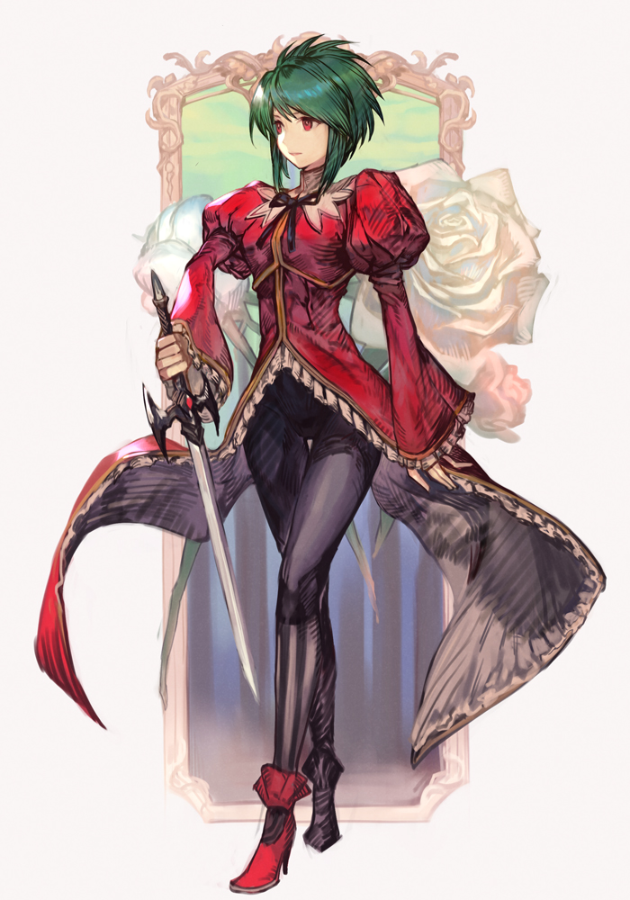1girl asellus_(saga_frontier) black_pants coat coattails flower frills green_hair high_heels holding holding_sword holding_weapon hungry_clicker juliet_sleeves long_sleeves looking_to_the_side mirror pants puffy_sleeves red_eyes rose saga saga_frontier short_hair sidelocks solo sword traditional_media weapon