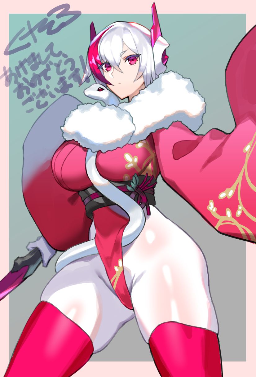 1girl bodysuit bodysuit_under_clothes breasts chinese_zodiac cowboy_shot green_background highres japanese_clothes kimono large_breasts leotard multicolored_hair original red_eyes red_hair red_kimono red_leotard red_thighhighs robot_ears short_hair simple_background snake solo_focus thighhighs two-tone_hair ukimukai white_bodysuit white_hair wide_sleeves year_of_the_snake