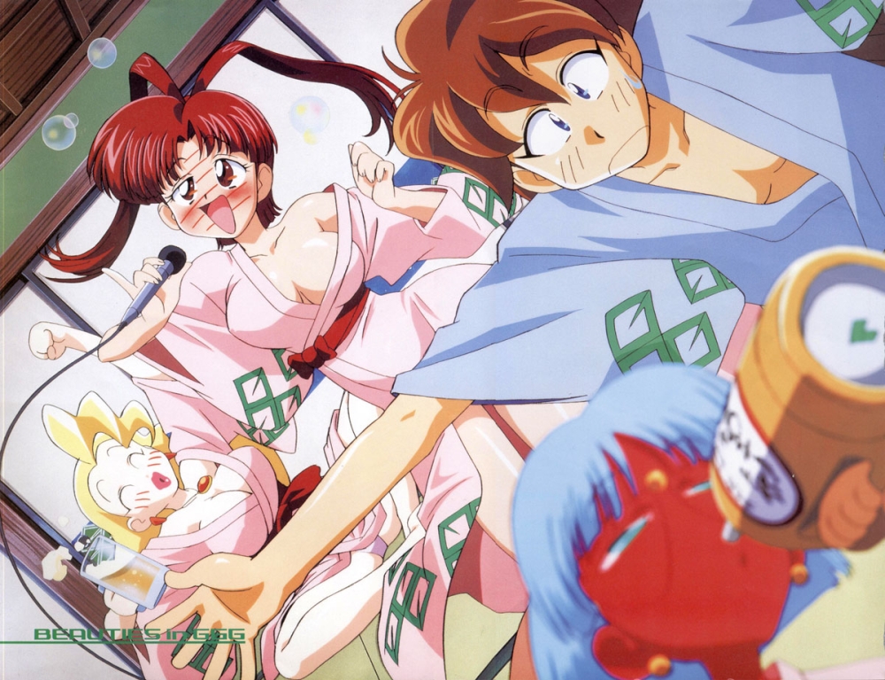 1990s_(style) 1boy 3girls ^_^ antenna_hair blonde_hair blue_hair blush breasts brown_hair cleavage closed_eyes dark_skin drunk dutch_angle closed_eyes full-face_blush glasses happy indoors japanese_clothes karaoke kimono kimura_takahiro lipstick makeup multiple_girls papillon_noir red_hair shishiou_gai smile swan_white tatami utsugi_mikoto yuusha_ou_gaogaigar yuusha_series