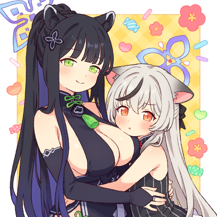 2girls :t animal_ears armpit_crease bare_shoulders black_bridal_gauntlets black_dress black_hair blue_archive blue_halo breasts bridal_gauntlets china_dress chinese_clothes cleavage closed_mouth commentary_request crossed_bangs dress green_eyes grey_hair halo hug kokona_(blue_archive) large_breasts long_hair looking_at_viewer multicolored_hair multiple_girls onyhakase orange_eyes ponytail pout shun_(blue_archive) siblings sisters sleeveless sleeveless_dress smile tiger_ears tiger_girl two-tone_hair very_long_hair