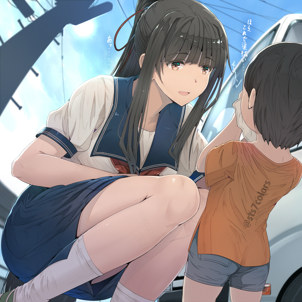 1boy 1girl :d black_hair blouse blue_shorts blue_skirt blue_sky blunt_bangs brown_eyes commentary_request from_behind hair_ribbon high_ponytail long_hair motor_vehicle open_mouth orange_shirt original outdoors pickup_truck ponytail red_neckwear ribbon school_uniform serafuku shirt short_hair short_sleeves shorts sidelocks skirt sky smile squatting standing sts tissue truck utility_pole white_legwear