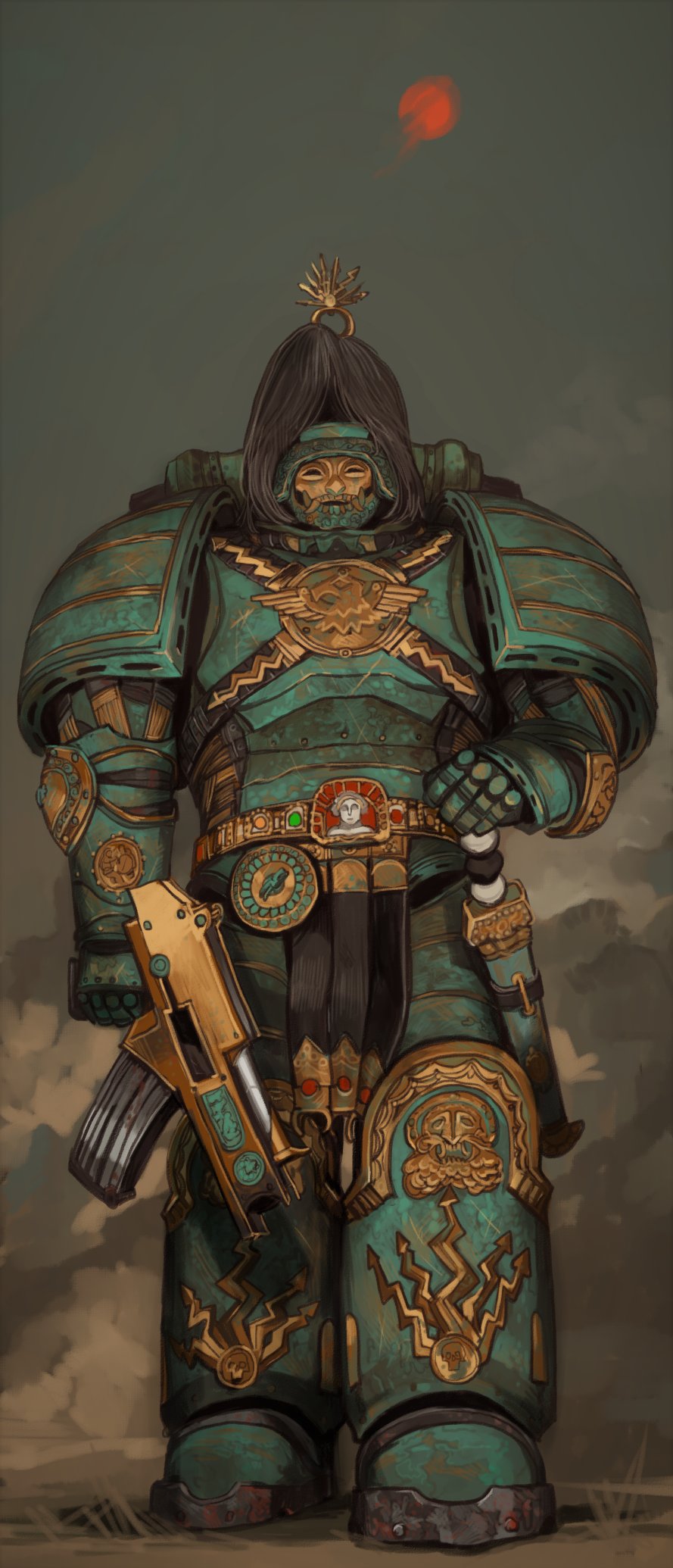 1boy adeptus_astartes armor bolter breastplate full_armor gauntlets gun helmet highres holding holding_gun holding_weapon mossacannibalis pauldrons plume shoulder_armor solo standing thunder_warriors warhammer_40k weapon