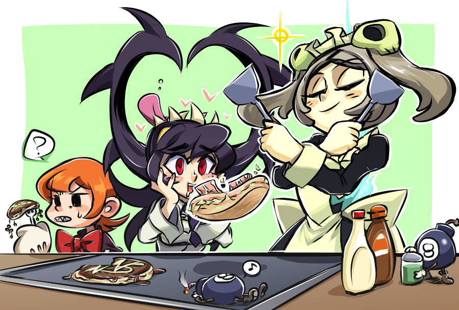 3girls ? apron black_hair bloody_marie_(skullgirls) blush bomb border bottle bow closed_eyes cooking drooling explosive filia_(skullgirls) food george_the_bomb green_background grey_hair griddle hair_ornament hands_on_own_face heart m12bj maid maid_headdress multiple_girls necktie orange_hair pancake peacock_(skullgirls) samson_(skullgirls) school_uniform skull_hair_ornament skullgirls spatula white_border