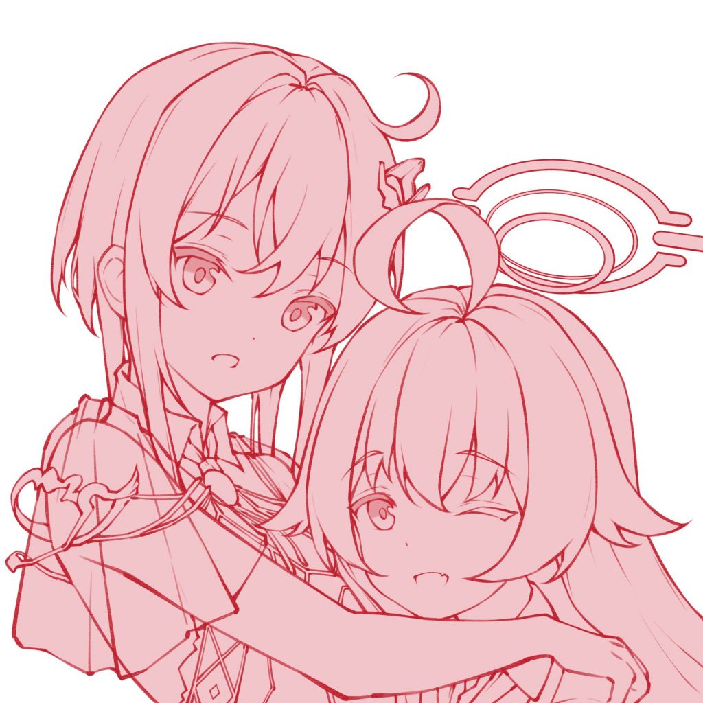 2girls ahoge blue_archive cape hair_ornament halo hoshino_(blue_archive) hug looking_at_viewer multiple_girls non-web_source shadowverse smile spinaria_(shingeki_no_bahamut) winking_(animated)