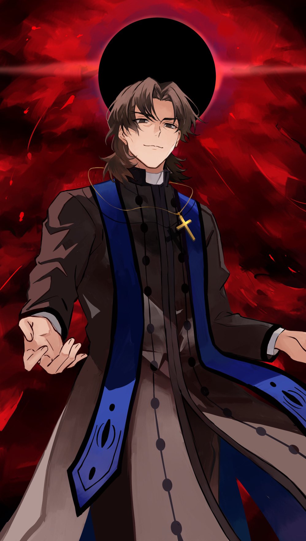 1boy black_pants black_robe black_sun brown_eyes brown_hair cassock clerical_collar closed_mouth cowboy_shot cross cross_necklace fate/grand_order fate_(series) highres jewelry kotomine_kirei latin_cross long_sleeves looking_at_viewer male_focus medium_hair necklace pants parted_bangs priest rasputin_(fate) robe smile solo stole sun terarenai twitter_username