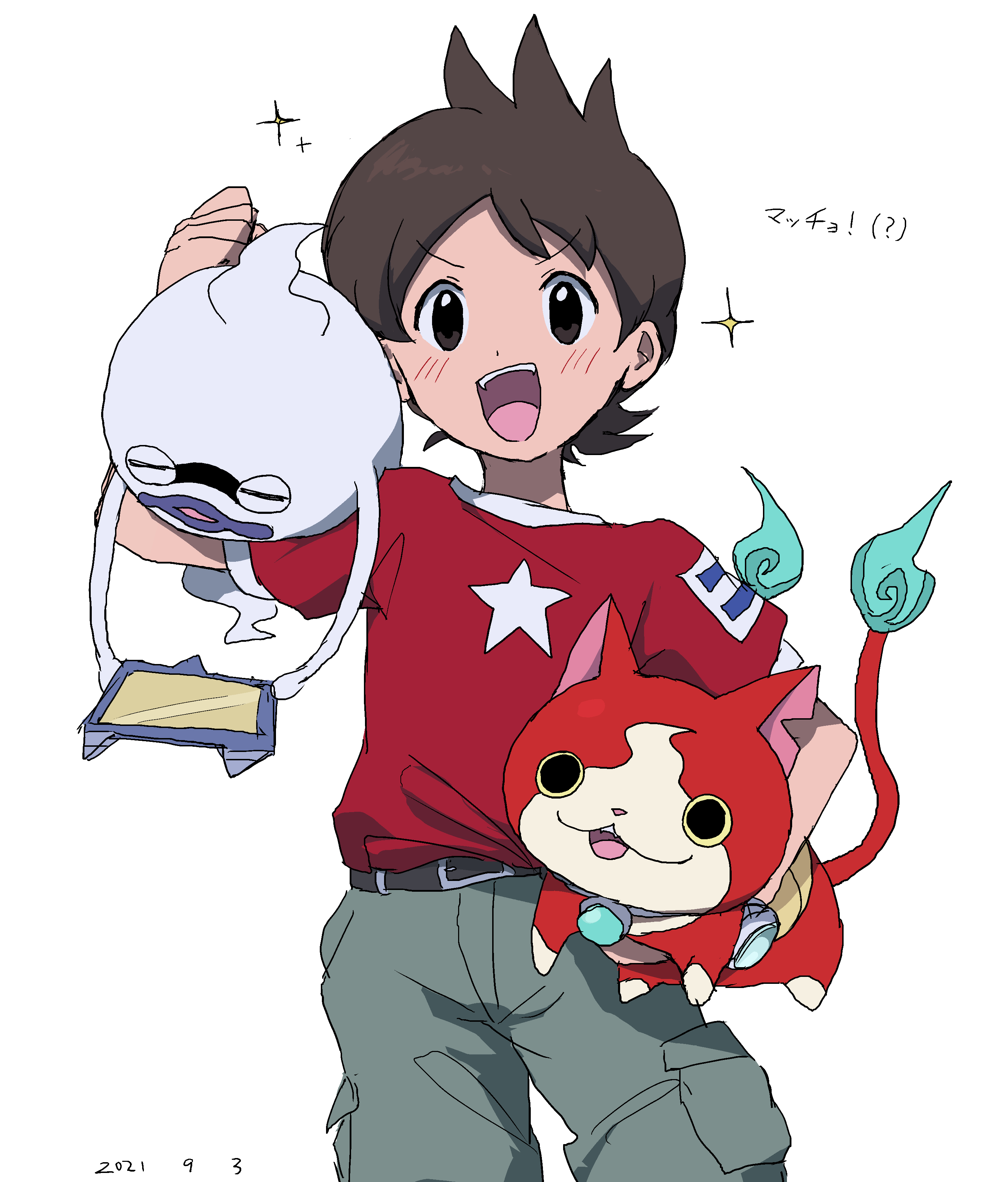 1boy :d absurdres amano_keita arm_up belt belt_buckle black_belt brown_eyes brown_hair buckle cargo_pants carrying carrying_under_arm cowboy_shot dated determined flexing flipped_hair green_pants highres jibanyan looking_ahead male_focus on_shoulder open_mouth pants print_shirt red_shirt shirt shirt_tucked_in short_hair short_sleeves simple_background smile sparkle sparkling_aura star_(symbol) star_print tablet_pc takatisakana teeth upper_teeth_only v-shaped_eyebrows whisper_(youkai_watch) white_background youkai_(youkai_watch) youkai_pad youkai_watch