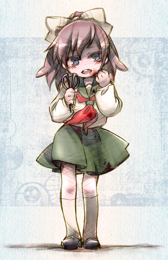 1girl alba_(ep) alba_epron blood blue_eyes blush bow brown_hair corpse_party female_focus hair_bow kirisaki_touko kneehighs long_hair missing_tooth ponytail school_uniform scissors socks solo