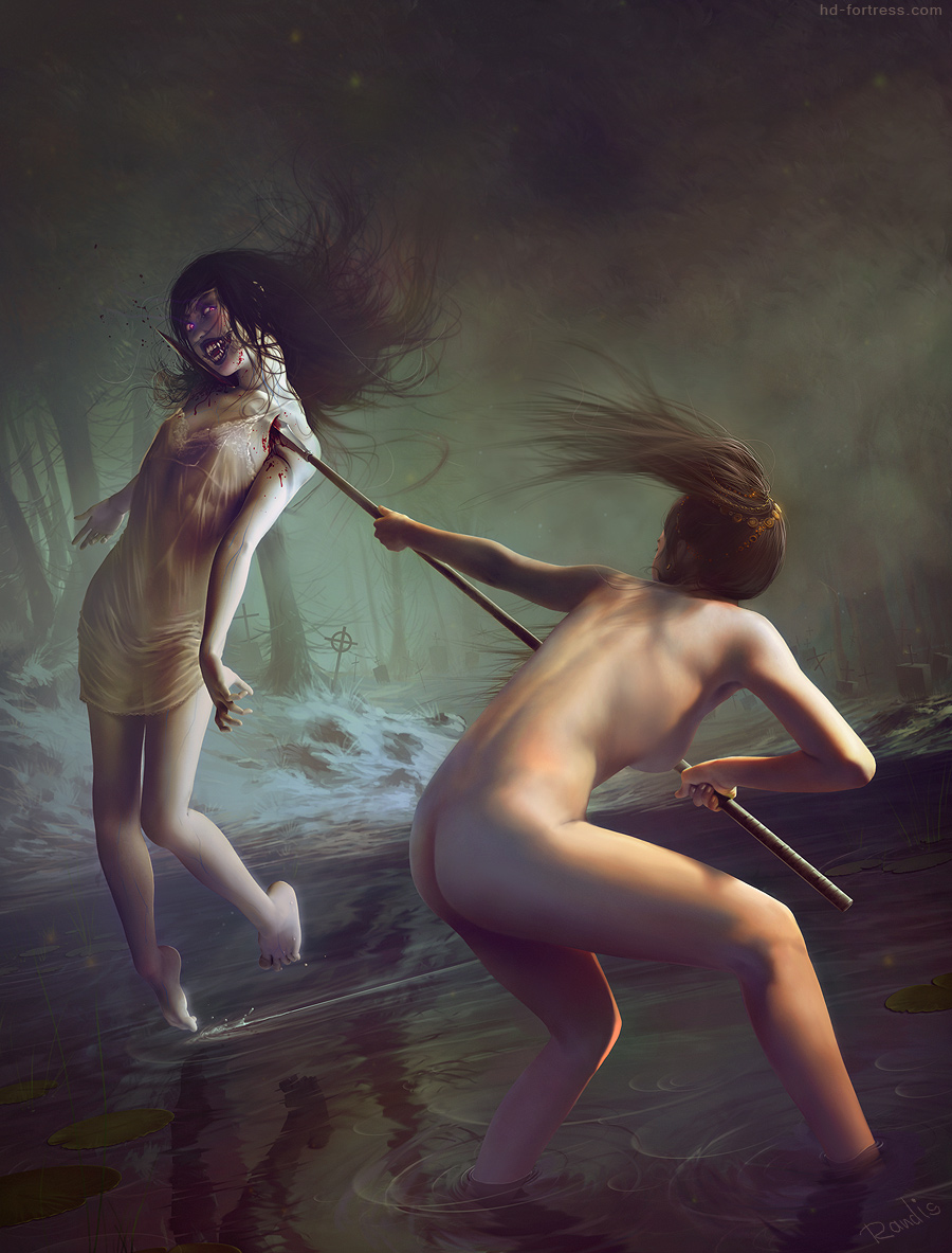 2girls ass back barefoot battle black_hair blood blood_on_face breasts brown_hair cross dark death earrings fangs feet from_behind glowing glowing_eyes grave hair_ornament head_tilt impaled jewelry leaning legs lifting_person lily_pad long_hair multiple_girls nightgown nude open_mouth original polearm ponytail randis realistic red_eyes reflection ripples sideboob soaking_feet spear stab toes tree vampire veins violence wading water weapon