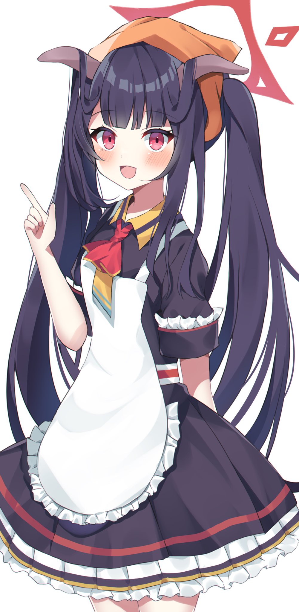 1girl apron black_hair blue_archive blush commentary_request fuuka_(blue_archive) hair_between_eyes halo highres horns long_hair looking_at_viewer murase48 open_mouth red_eyes school_uniform simple_background solo twintails