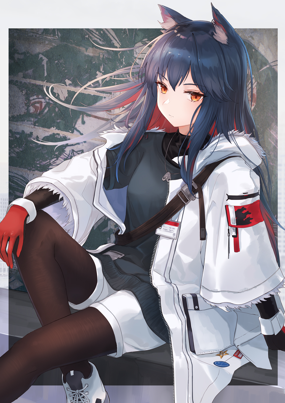 1girl animal_ears arknights black_hair black_shirt brown_pantyhose female_focus gloves highres hood hood_down hooded_jacket jacket kachi knee_up long_hair looking_at_viewer multicolored_hair official_alternate_costume open_clothes open_jacket orange_eyes pantyhose red_gloves shirt shoes short_shorts shorts sitting sneakers solo texas_(arknights) texas_(winter_messenger)_(arknights) two-tone_hair white_jacket white_shorts wolf_ears