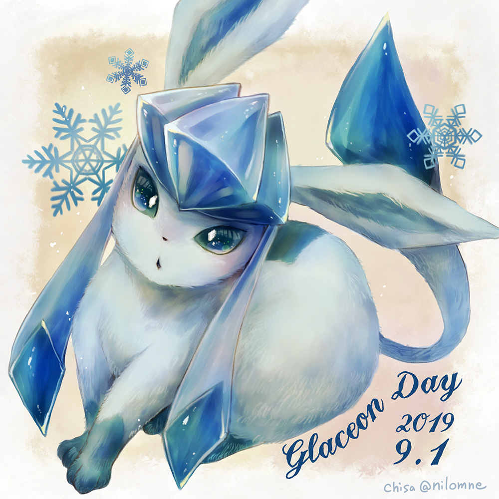 :o animal_focus blue_eyes blue_hair blush dated gen_4_pokemon glaceon long_hair momomo12 nintendo no_humans open_mouth pokemon pokemon_(creature) sidelocks snowflakes solo