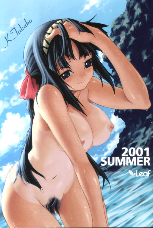 1girl adjusting_hair black_eyes black_hair blush bow breasts day female_focus female_pubic_hair headband kawata_hisashi kuwashima_takako large_breasts leaning_forward long_hair nipples nude ocean one-piece_tan pubic_hair smile solo summer sweat tan tanline tasogare thigh_gap thighs wading water wet