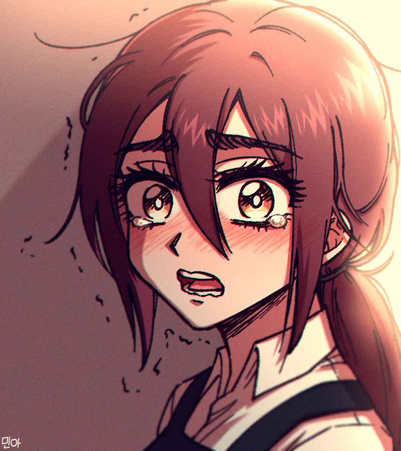 1girl artist_name blurry brown_eyes brown_hair commentary_request film_grain gabi_braun hair_between_eyes korean_commentary long_hair mina_(als_dk) open_mouth ponytail portrait shingeki_no_kyojin sidelocks signature solo tears trembling wavy_mouth