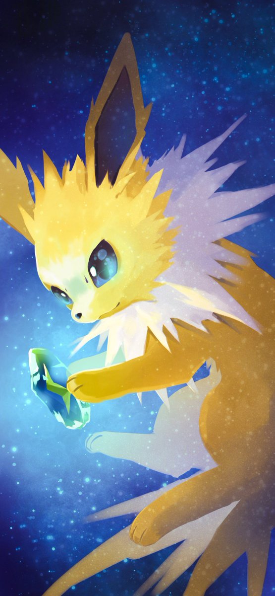 animal_focus blue_background blue_eyes closed_mouth commentary evolution_stone evolutionary_stone game_freak gen_1_pokemon highres jolteon nintendo no_humans pokemon pokemon_(creature) smile solo symbol-only_commentary thunder_stone toneko