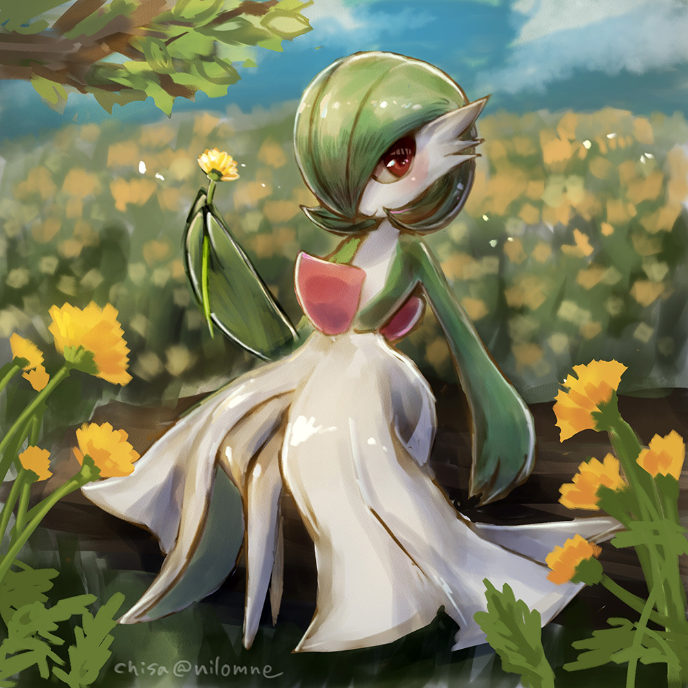 artist_name bob_cut colored_skin dress field flower flower_field gardevoir gen_3_pokemon green_hair green_skin hair_over_one_eye holding holding_flower looking_at_viewer momomo12 multicolored_skin nintendo no_feet pink_eyes pokemon pokemon_(creature) sitting smile two-tone_skin white_dress white_skin
