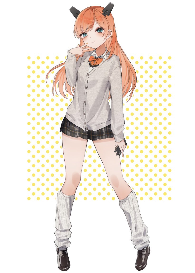 1girl black_shoes black_skirt blue_eyes breasts cardigan closed_mouth collared_shirt dress_shirt full_body grey_cardigan hand_up headgear holding holding_phone kantai_collection loafers long_hair long_sleeves miniskirt one-hour_drawing_challenge orange_hair phone pleated_skirt polka_dot polka_dot_background salmon_(kancolle) shirt shoes simple_background skirt small_breasts smartphone_case solo standing thighs white_background white_shirt yamashichi_(mtseven)